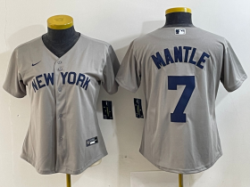 Cheap Women\'s New York Yankees #7 Mickey Mantle Name 2021 Grey Field of Dreams Cool Base Stitched Jersey