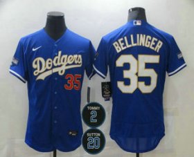 Wholesale Cheap Men\'s Los Angeles Dodgers #35 Cody Bellinger Blue Gold #2 #20 Patch Stitched MLB Flex Base Nike Jersey