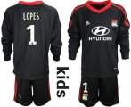 Wholesale Cheap Lyon #1 Lopes Black Goalkeeper Long Sleeves Kid Soccer Club Jersey