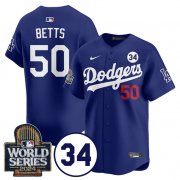 Cheap Men's Los Angeles Dodgers #50 Mookie Betts Royal 2024 World Series With No. 34 Patch Cool Base Stitched Baseball Jersey