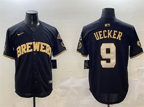 Cheap Men\'s Milwaukee Brewers #9 Bob Uecker Black Gold With Home Patch Limited Stitched Baseball Jersey