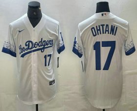 Cheap Mens Los Angeles Dodgers #17 Shohei Ohtani Number White 2021 City Connect Cool Base Stitched Jersey