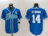 Cheap Men's Detroit Lions #14 Amon-Ra St. Brown Blue With 90th Anniversary Patch Cool Base Stitched Baseball Jersey