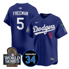 Cheap Men\'s Los Angeles Dodgers #5 Freddie Freeman Royal 2024 World Series With Fernando Memorial Patch Limited Stitched Baseball Jersey