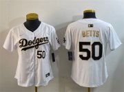 Cheap Womens Los Angeles Dodgers #50 Mookie Betts White Gold Home Limited Stitched Baseball Jersey(Run Small)