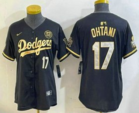 Cheap Women\'s Los Angeles Dodgers #17 Shohei Ohtani Black Gold 2024 World Series 34 Patch Stitched Cool Base Jersey