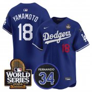 Cheap Men's Los Angeles Dodgers #18 Yoshinobu Yamamoto Royal 2024 World Series With Fernando Memorial Patch Limited Stitched Baseball Jersey