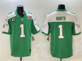 Cheap Men\'s Philadelphia Eagles #1 Jalen Hurts Green White 2025 Super Bowl LIX Patch And 4-Star C Patch F.U.S.E. Vapor Untouchable Limited Football Stitched Jersey