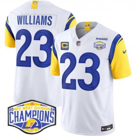 Cheap Men\'s Los Angeles Rams #23 Kyren Williams White 2024 NFC West Champions With 4-Star C Patch F.U.S.E. Vapor Untouchable Stitched Football Jersey