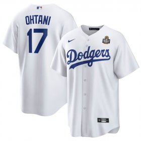 Cheap Men\'s Los Angeles Dodgers #17 Shohei Ohtani White 2024 World Series Cool Base Stitched Baseball Jersey