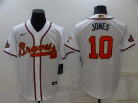 Wholesale Cheap Men\'s Atlanta Braves #10 Chipper Jones 2022 White Gold World Series Champions Program Cool Base Stitched Baseball Jersey