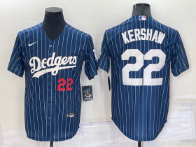 Wholesale Cheap Men\'s Los Angeles Dodgers #22 Clayton Kershaw Number Red Navy Blue Pinstripe Stitched MLB Cool Base Nike Jersey